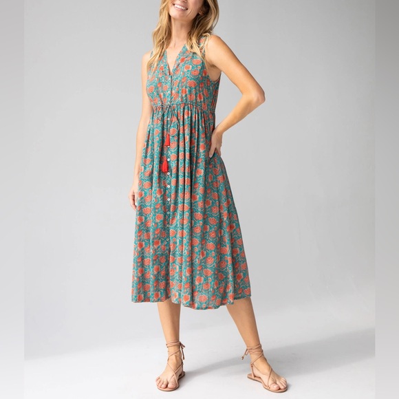 NATURAL LIFE Dresses & Skirts - Natural Life Amelia Sleeveless Shirt Dress in Turquoise Vines Floral Midi Large